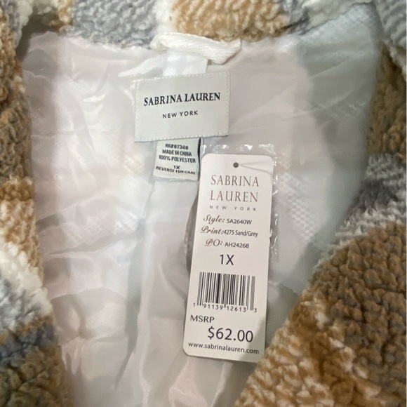 Sabrina Lauren Neutral Plaid Tan Gray Teddy Coat - Women’s Size 1X NWT - Picture 12 of 12